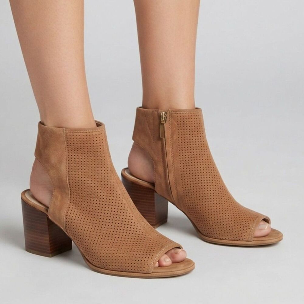 Kenneth Cole Peep Toe Perforated Leather Suede Bootie Heeled Sandal Tan 10M